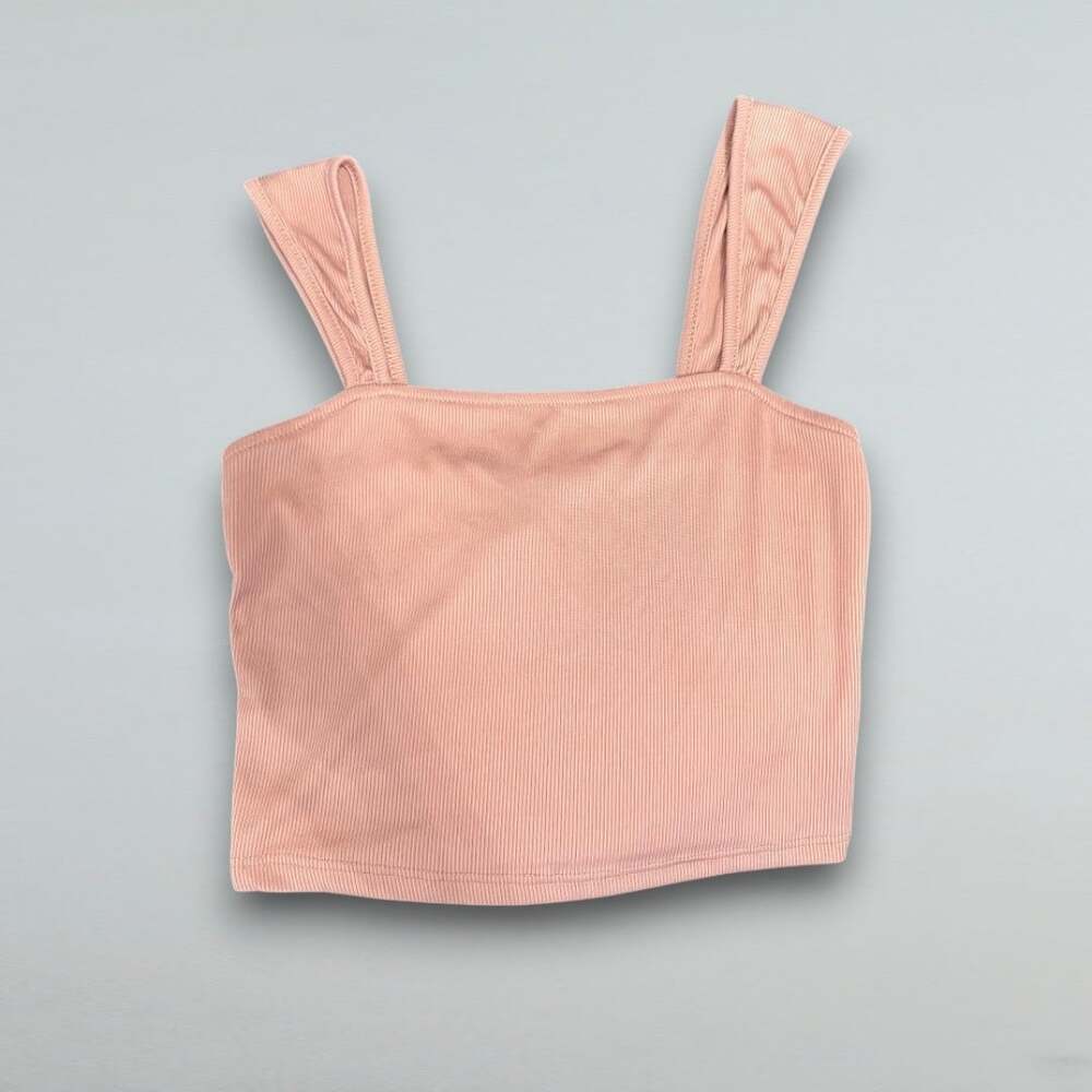 Pink Ribbed Square Neck Crop Tank Top Wide Strap Y2K Small